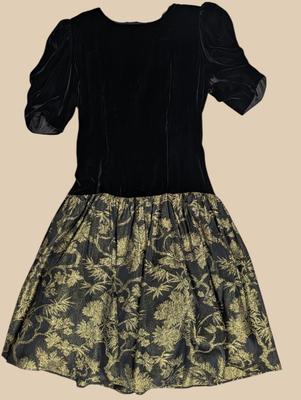 80s Susan Roselli For Vijack Velvet Bodice Dress with Gold Floral Brocade Skirt